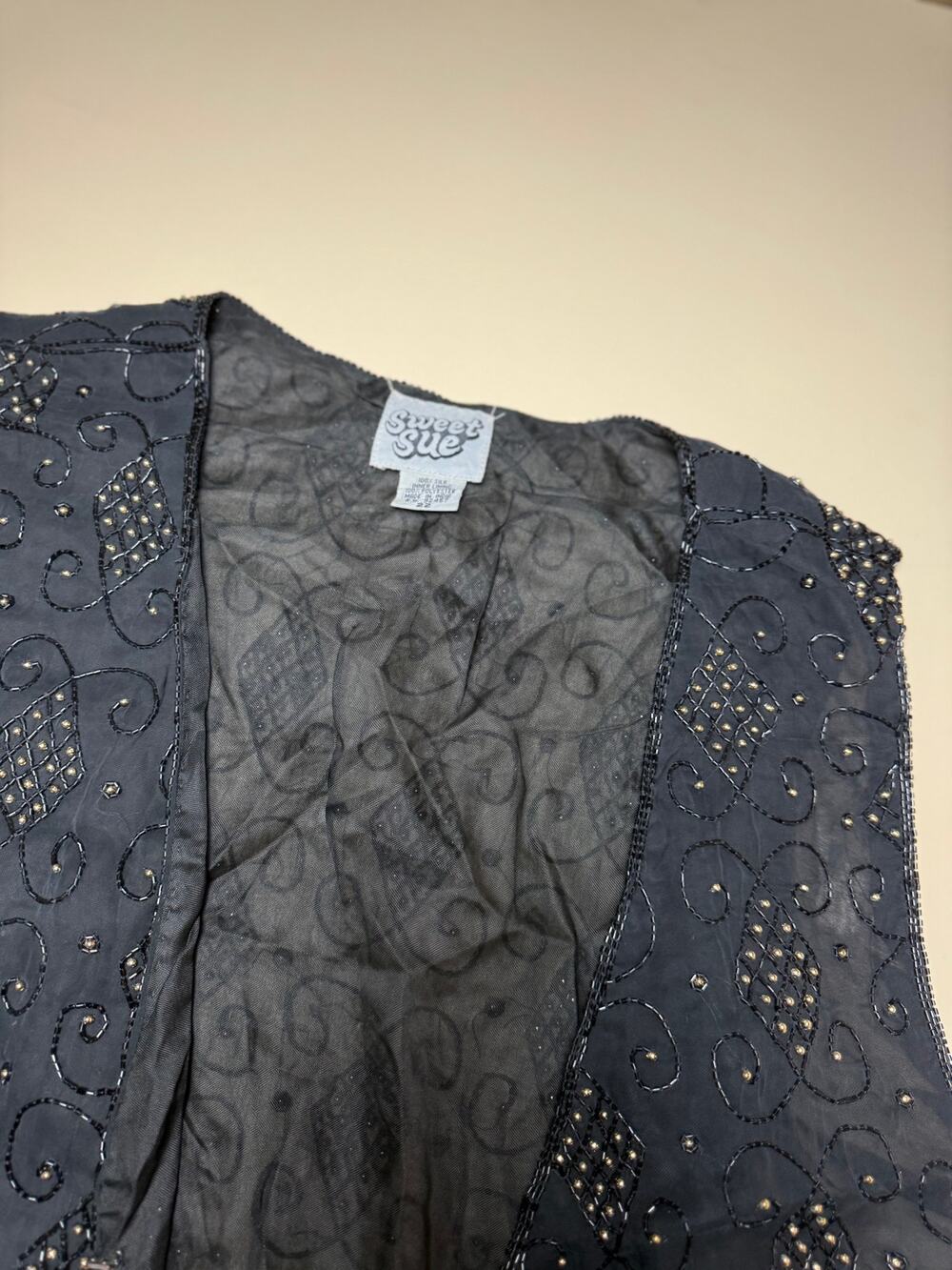 Sweet Sue Black Beaded Embroidered Open Front Cropped Vest Size 22